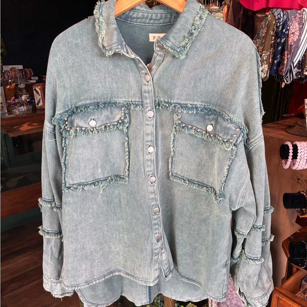 POL Distressed Light Blue Denim Jacket with Frayed Trim - Picture 2 of 3